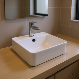 Vasque de salle de bain rectangulaire en céramique blanche 16x12 pouces, finition brillante, montage sur plan, design minimaliste - Product Image 2