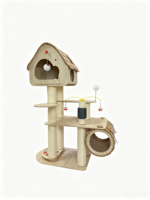 Grande tour d'escalade pour chat en bois moderne avec niche confortable et ensemble complet de jouets interactifs, emballée dans un carton pour une utilisation en intérieur
