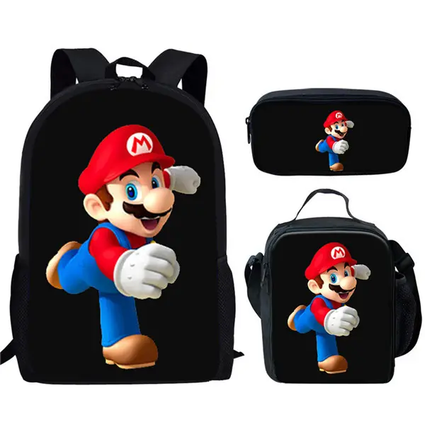 ชุดกระเป๋าเป้ไปโรงเรียนแบบกำหนดเองได้,กระเป๋าใส่หนังสือเองพิมพ์ลาย Super Mario Bros สีดำกันน้ำกระเป๋านักเรียนสำหรับเด็กผู้ชาย