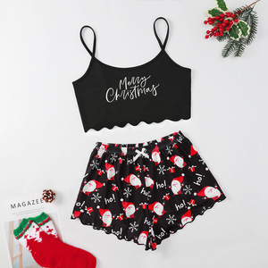 Pijamas de Natal Estilo Europeu-Americano Sem Colarinho em Poliéster Fino de Seda de Leite, Conjunto de Dois Peças com Camiseta Sem Mangas e Shorts para Mulheres - Product Image 4