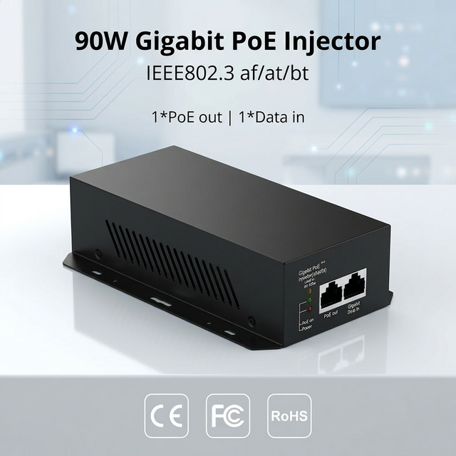 90W 10/100/1000Mbps Ethernet Adapter PoE Injector 802.af/at 52V for IP Camera Network Switches