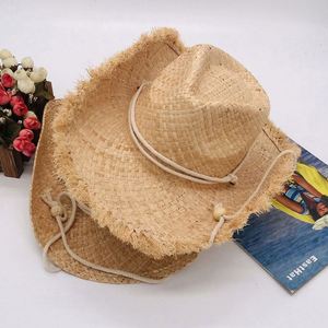 Sombrero de Paja Natural de Rafia para Hombre y Mujer, Protección Solar para la Playa y el Océano, con Cordón para la Barbilla, Estilo Vaquero, Venta al Por Mayor - Product Image 1