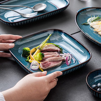 Style nordique bleu porcelaine vaisselle plats en céramique maison hôtel restaurant mariage couleur réactive glaçure vaisselle bol assiette