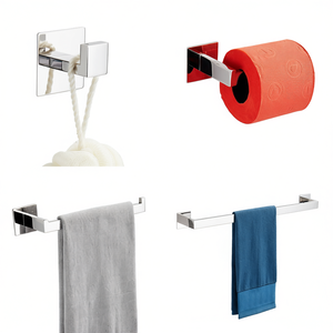 Ensemble d'accessoires de salle de bain 4 pièces en acier inoxydable 304, porte-serviettes, porte-papier toilette, fixation adhésive, design minimaliste - Product Image 1