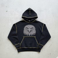 Kış kalın pamuk sıcak özelleştirilmiş kartal grafik elmas Hoodie siyah ters dikiş tasarım erkekler için Baggy Hoodies Streetwear