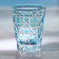 Verre à whisky Edo Kiriko sculpté à la main, bleu vert, bleu clair, bleu ciel, verre coloré taillé à la main