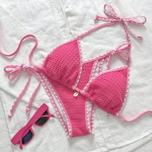 Ensemble bikini femme, col halter, liens latéraux, rose, polyester/coton extensible, motif écossais, décoration coquillage, pour la natation et les sports nautiques - Product Image 1