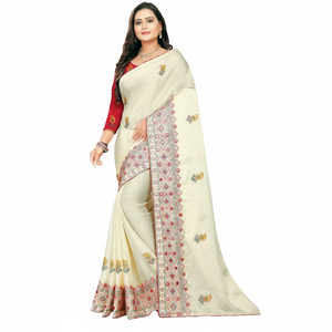 ผ้าส่าหรีคุณภาพสูงสีขาวบูติกอินเดียผ้าไหมดีไซน์ล่าสุดผ้าปักลายแฟนซีชุดใส่ทำงานปาร์ตี้เจ้าสาว - Product Image 1