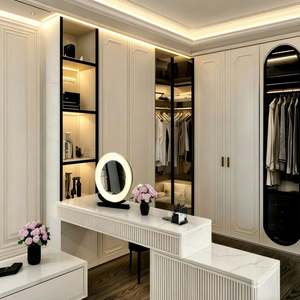 Placard intégré élégant avec coiffeuse, éclairage intégré, armoire de rangement blanche et noire - Product Image 1