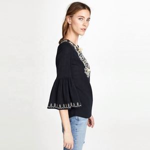 Damen <span class=keywords><strong>Plus</strong></span> <span class=keywords><strong>Size</strong></span> Casual <span class=keywords><strong>Black</strong></span> Bluse Tops V-Ausschnitt 3/4 Ärmel Vintage bestickt Solid Pattern für die Herbstsaison - Product Image 4