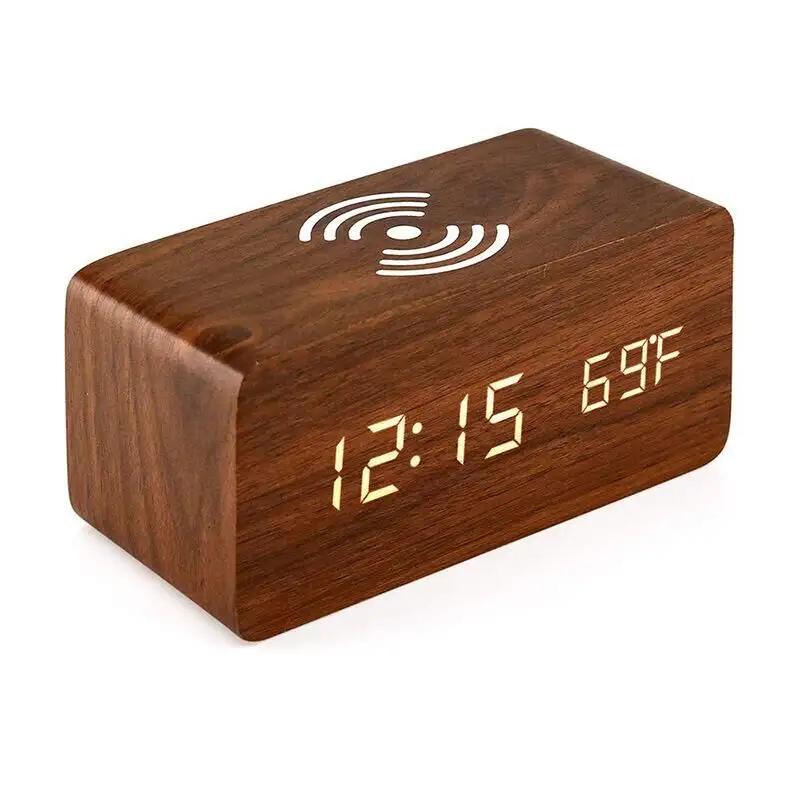 Reloj despertador Led con cargador inalámbrico, función de Control de sonido, Digital, de madera, Digital, cargador inalámbrico