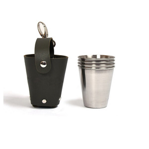 <b>Stainless</b> steel mug sleeves, leather cup sleeves for 4 wine <b>glasses</b>, picnic and camping tableware and wine utensil storage bag. - Product Image 1
