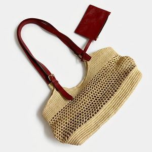 Sac à bandoulière bohème en raphia tressé fait main avec sangle en cuir camel, motif ajouré, style été, sac à main pour femme - Product Image 3