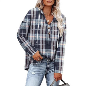 Sweat-shirt à capuche boutonné à carreaux à manches longues pour femme, tendance - Product Image 3