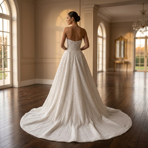 Vestido de Novia sin Mangas con Cuentas Hechas a Mano, sin Tirantes, con Bordado de Cristales, Falda de Satén Drapeada, Cintura Natural, Largo hasta el Suelo con Cola Barrida - Product Image 5