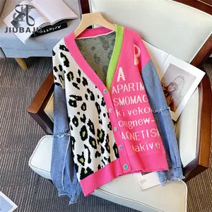 Autumn Winter Coat Women Knit Jackets Sweaters Leopard Letter Denim Sleeve Patchwork Coats