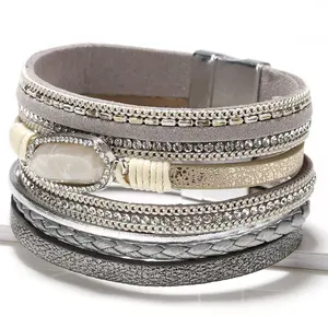 New Design Boho Hand Woven Crystal Accessories Multi-layer Wrap Around Magnet Clasp Pu Leather Bracelet For Women