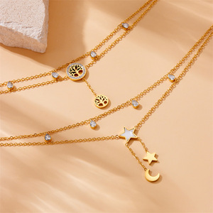Élégante Chaîne de Cheville Arbre de Vie à Deux Niveaux en Acier Inoxydable Plaqué Or avec Pendentif Goutte d'Eau en Zircon Cubique, Tendance et Délicate pour les Vacances - Product Image 2