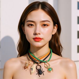 Kaimei 2026ファッションジュエリー重ね着カラフルなカブトムシの葉のペンダントセットネックレス多層ロープ昆虫革ペンダントネックレス - Product Image 3