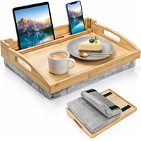 Plateau repas en bambou pour lit, plateau de service portable avec coussin amovible et poignées, idéal pour petit-déjeuner sur canapé ou fauteuil