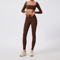 Ensemble de vêtements de sport pour femmes, vêtements de gym, ensemble de survêtement, haut court à col carré à manches longues et pantalon taille haute, vêtements de yoga et de pilates