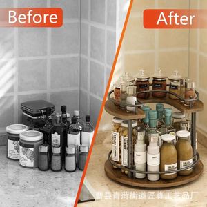 Wooden Kitchen Condiment <b>Rack</b> 2 Tier <b>Rotating</b> <b>Spice</b> Storage Desktop Organizer Multi Function - Product Image 4