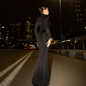 Robe sirène à col haut, manches longues, coupe ajustée, couleur unie, robe de soirée pour femmes - Product Image 4