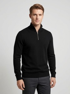 Suéter de Punto Negro para Hombre, con Cierre de Cremallera, 100% Algodón, Manga Larga, Estilo Casual - Product Image 1