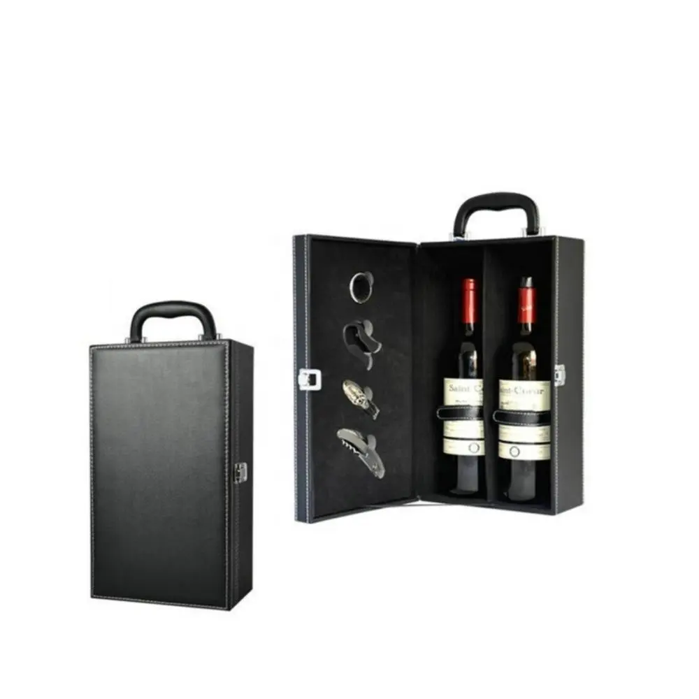 Keluaran Baru dari Winxtan Foshan Casing Anggur Kulit Mewah Tiongkok Kotak Hadiah Anggur Pembawa Anggur untuk 2 Botol dengan Aksesori