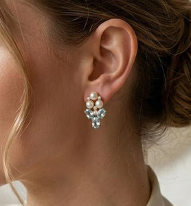 Romantic Gold Plated Brass <b>Blue</b> Topaz Pearl <b>Stud</b> <b>Earrings</b> with Cubic Zirconia for Women Wedding Jewelry - Product Image 3