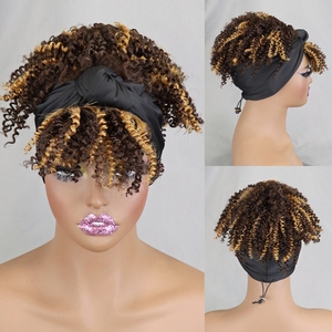 Perruques de bandeau écharpe noire naturelle avec frange <span class=keywords><strong>Afro</strong></span> Puff perruque de <span class=keywords><strong>cheveux</strong></span> humains courte bouclée abordable sans colle - Product Image 3