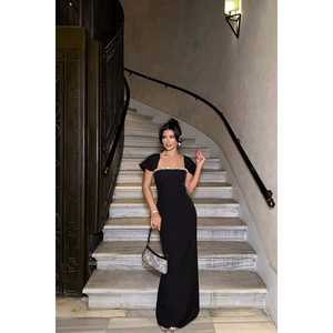 Robe midi noire à taille empire avec détails en pierres, style trapèze en polyester pour femme, taille XL, pour mariage, soirée, longueur ras du sol - Product Image 2