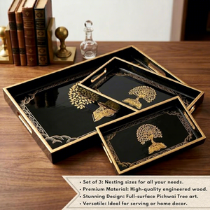 Luxury Black and Gold Decorative Serving Trays Set with Tree of Life Design Handcrafted Vanity Tray Coffee <b>Table</b> Décor Gift Tray - Product Image 5
