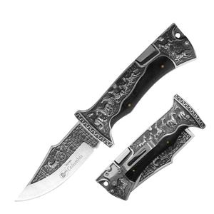 Sarung pisau lipat klasik, tombol tekan gaya pisau Stainless Steel pisau kayu pegangan Resin kotak hadiah klip sabuk Guling - Product Image 1