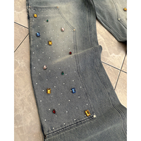 Jeans baggy cargo délavés à l'acide Pantalons larges unisexes Pantalons de charpentier en denim à double genou avec strass Pantalons pour hommes