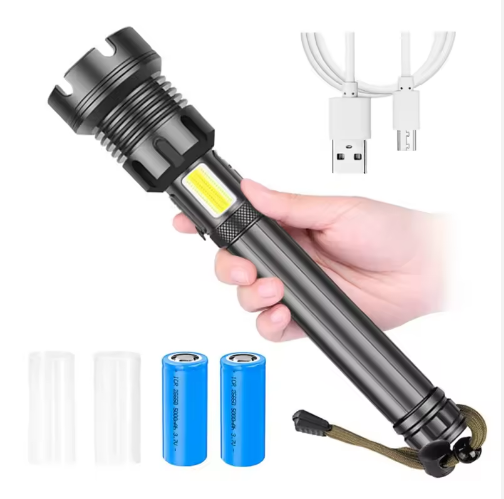 High Powerful Tactical Flashlight Waterproof USB-C Rechargeable Zoomable XHP90 + COB LED High Lumen Torch for Camping Emergency