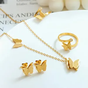 Gold Plated Stainless Steel Butterfly Necklace Earrings Rings Charm Pendant Women Butterfly Jewelry Set