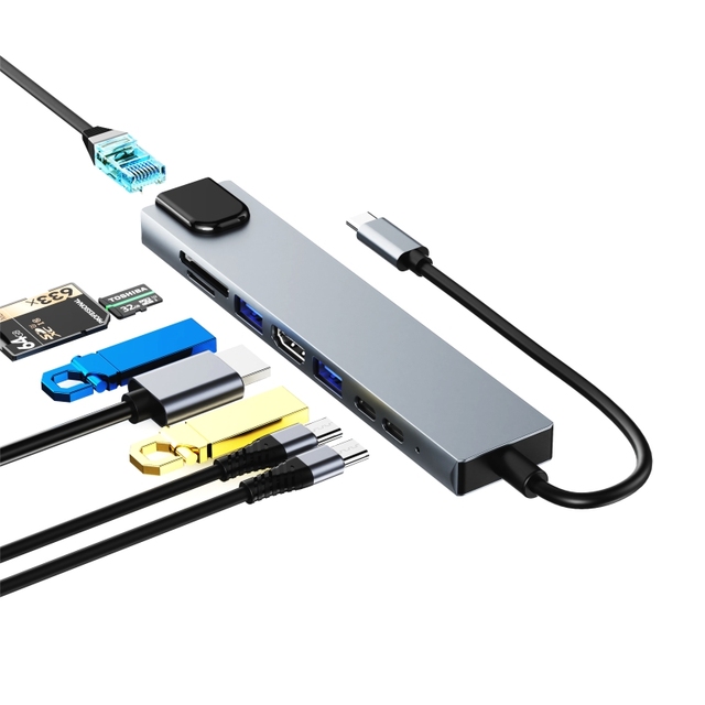 8 in 1 USB Multi Port Hub Custom Portable USB C Splitter USB OTG Card Reader Hub Ethernet Adapter