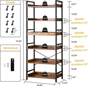 Có thể điều chỉnh 6-Tier mở tủ sách mộc mạc trang trại kệ sách công nghiệp gỗ đen kim loại kệ sách cho nhà văn phòng giữa - Product Image 3