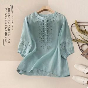 Women's Cotton <b>Linen</b> <b>Set</b> Embroidered Top Three Quarter Sleeve Wide Leg Pants Casual Breathable Spring Summer Style - Product Image 3