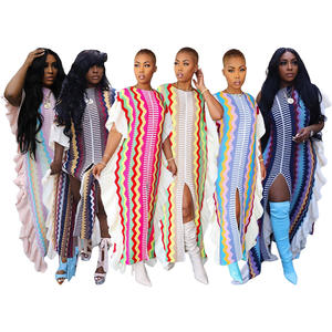 Nuovo abito lungo in maglia larga a righe Casual da donna in Chiffon <span class=keywords><strong>con</strong></span> <span class=keywords><strong>spacco</strong></span> frontale Maxi abito <span class=keywords><strong>con</strong></span> stampa digitale a volant - Product Image 2