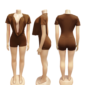 PEEQI TW829 Nuova Collezione Primavera, <span class=keywords><strong>Tuta</strong></span> Intera Aderente con Scollo Profondo a V e Arricciature, Maniche Corte, Sexy <span class=keywords><strong>Tuta</strong></span> Intera Monocolore - Product Image 5