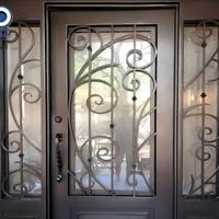 Porte battante double vintage européenne, motif floral forgé à la main avec transom supérieur, en fer forgé résidentiel