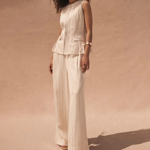 Conjunto de Lino Casual de Verano 2025 al por Mayor: Chaleco Rayado sin Mangas con Cuello en V y Botones y Pantalón de Pierna Ancha para Mujer - Product Image 5
