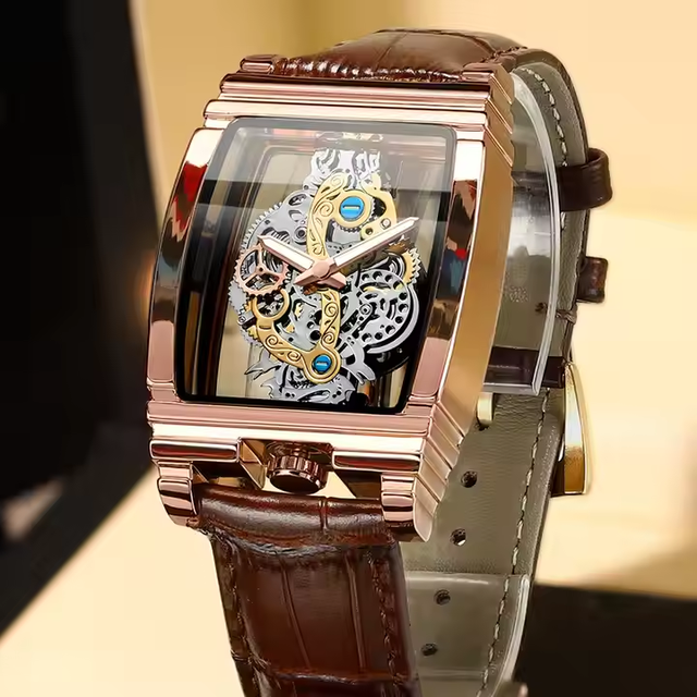 BINBOND Men's Luxury Square Tourbillon Skeleton Quartz Wrist Watch Gold 20mm Leather Band Alloy Case Glass Sport Fashion Style