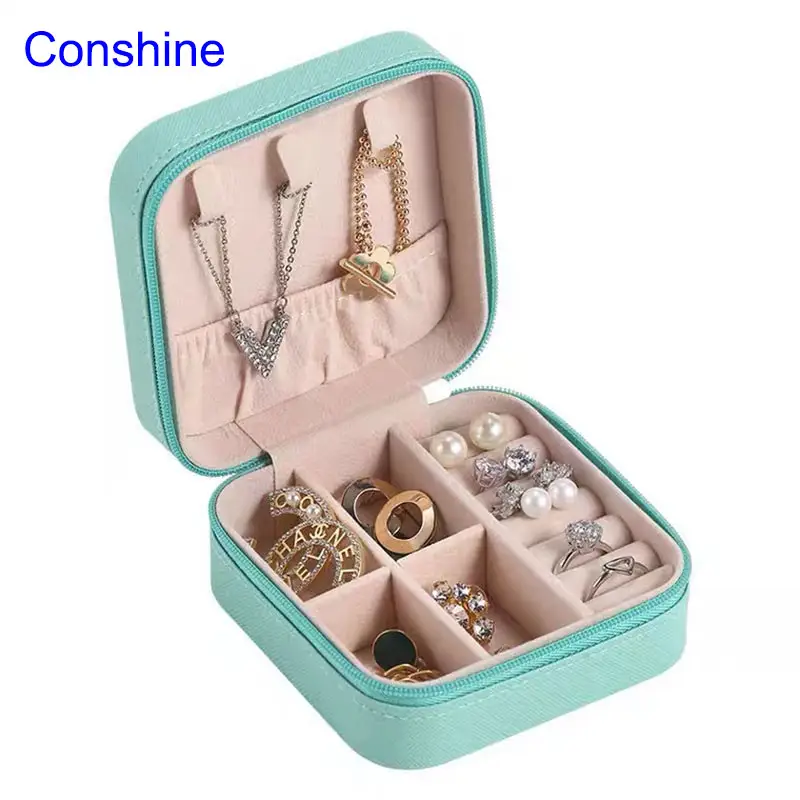 Conshine organizador de joias, mini organizador de joias portátil em couro pu, caixa de embalagem de joias para organização ao ar livre