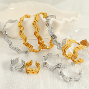 European American Style Titanium Steel Three Layer Wave Earrings Open <b>Bracelet</b> Ring Set For Women Party Jewelry - Product Image 1