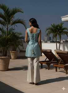 Conjunto de 2 piezas de pantalón y top largo sin mangas de lona azul para mujer, elegante, festivo, estilo étnico, ropa india pakistaní, largo a media pantorrilla - Product Image 2