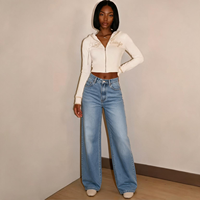 Jean en denim délavé taille haute pour femme, coupe large, décontracté, long, style mode, OEM ODM personnalisé