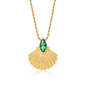 Gemnel best travel jewelry 3A+ emerald stone twisted rope chain gold pure silver gold sea shell charm necklace